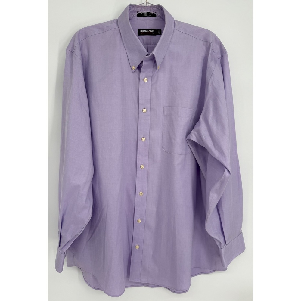 Kirkland Signature Mens Lavender Herringbone Non-Iron Dress Shirt Sz 17.5 34